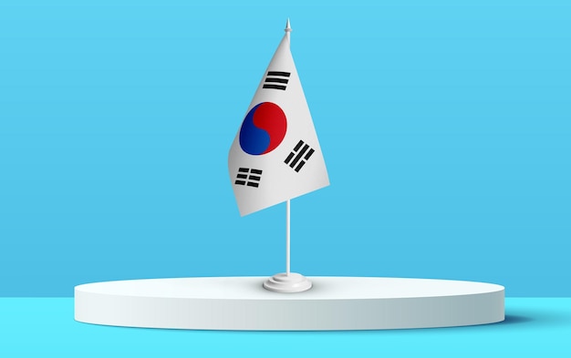 Die Nationalflagge von Südkorea auf einem 3D-Podium und blauem Hintergrund.