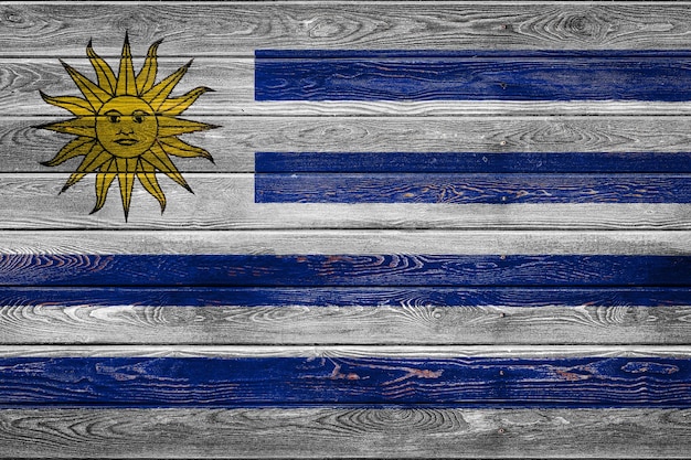 Die Nationalflagge von UruguayxA ist auf ein Lager aus ebenen Brettern gemalt, die mit einem Nagel genagelt sind. Das Symbol des Landes