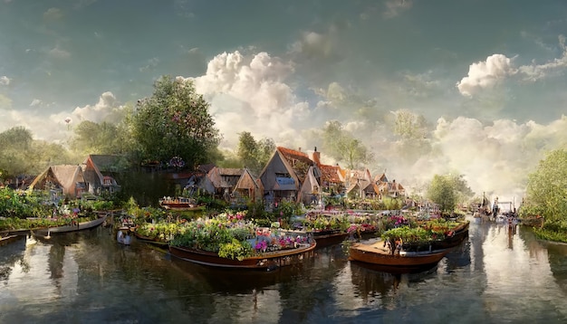 Die natürliche Landschaft des Dorfes mit Kanälen und Blumen im Cartoon-Stil