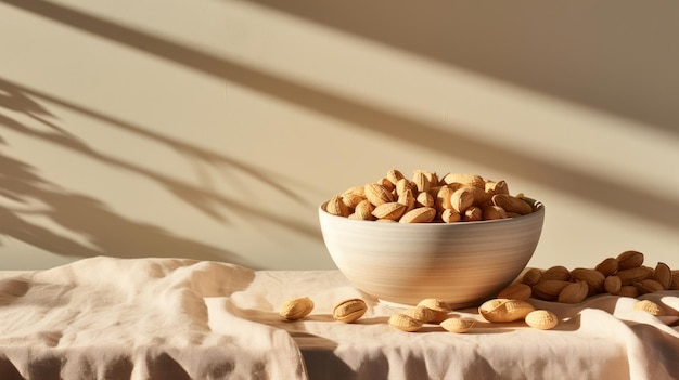 Die natürliche Textur von geschälten Erdnüssen, die in einer gemütlichen Schüssel gefangen werden, bietet einen visuellen Genuss der Einfachheit