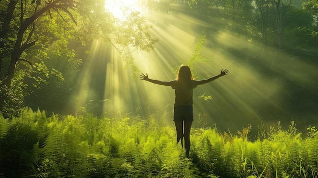 Die Natur genießt, die junge Frau hebt ihre Arme und genießt die frische Luft im grünen Wald.