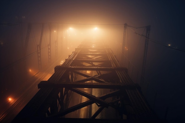 Die neblige Brücke mit einer Straßenleuchte an der Seite Die in Nebel bedeckte Nachtbrücke Generative KI-Illustration