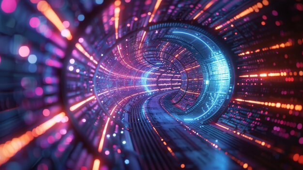 Foto die neonlichter werden in einen digitalen technologie-tunnel abstrahiert futuristische technologie abstrakter hintergrund mit linien für netzwerk big data data center server internetgeschwindigkeit 3d-rendering