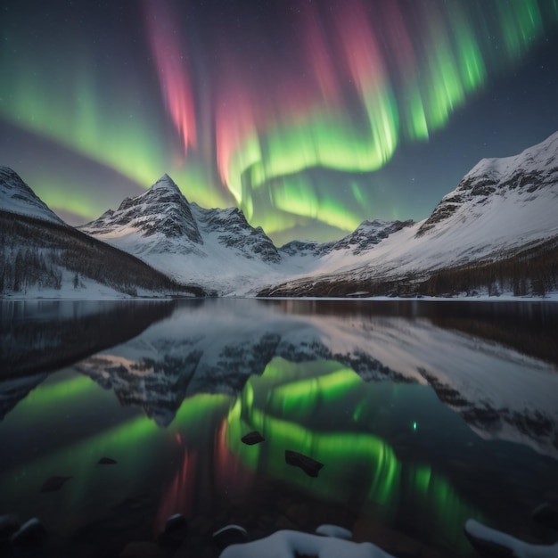 Die Nordlichter spiegeln sich im Wasser