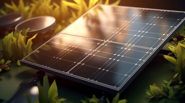 Die Oberfläche der Solarbatterie mit der Reflexion der Sonne und des von künstlicher Intelligenz erzeugten futuristischen Himmels