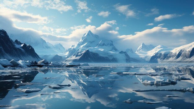 Die Oberfläche eines großen Gletschers schmilzt langsam und reflektiert den Himmel und die Wolken. Erstellt mit generativer KI