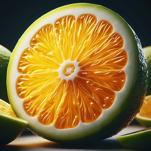 Die orangefarbene Scheibe, die Vitamin C symbolisiert, isst das ausgeschnittene Stück auf orangefarbenem Hintergrund