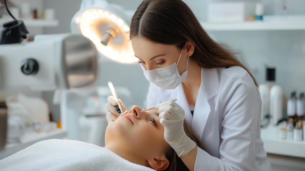 Die Patientin entspannt sich während eines kosmetischen Eingriffs, während ein professioneller Kosmetiker Handschuhe und eine Maske trägt, die in einer sauberen, hellen Schönheitsklinik an ihren Augenbrauen arbeitet