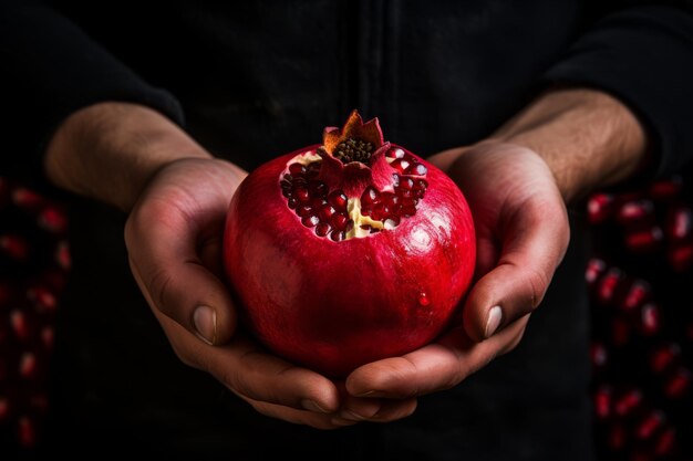 Foto die perfektion des granatapfels eine faszinierende nahaufnahme einer person, die das juwel der natur umarmt