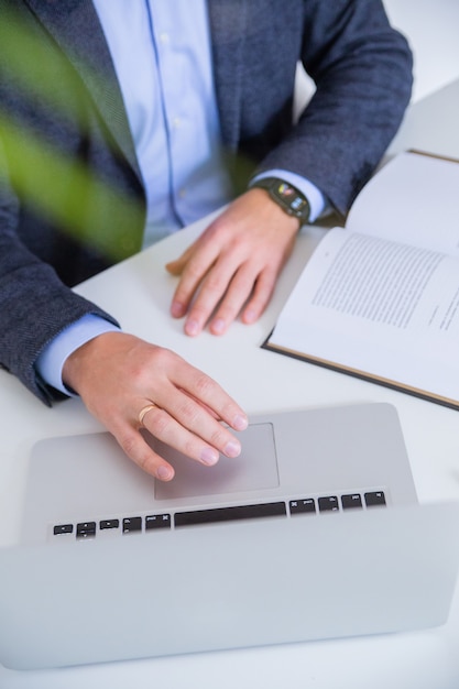 Die Person, die ein Projekt auf einem Laptop studiert