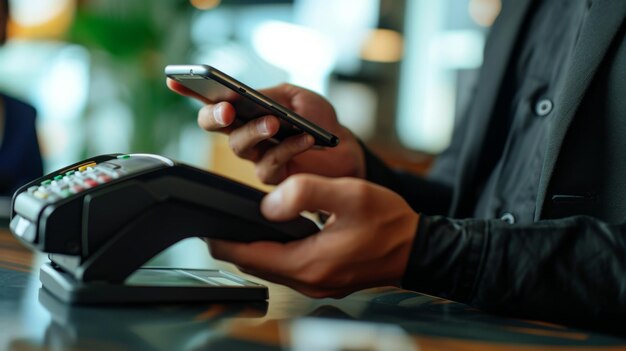 Foto die person verwendet ein smartphone, um eine kontaktlose zahlung an einem pos-verkäuferterminal durchzuführen