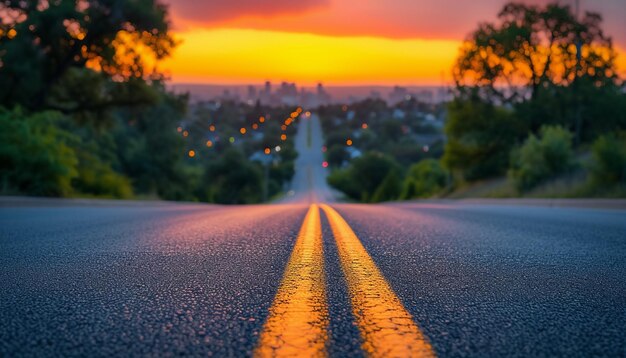 Die Perspektive der Straße vor dem Hintergrund von Sonnenuntergang und Stadtlandschaft