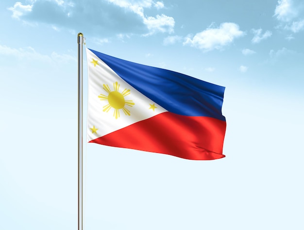 Die philippinische Nationalflagge weht in blauem Himmel mit Wolken 3D-Darstellung der philippinischen Flagge