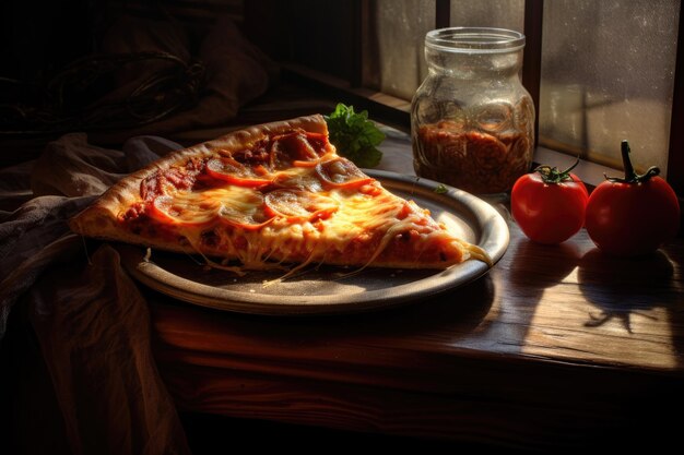 Die Pizza liegt auf einem Holzteller auf einem Tisch