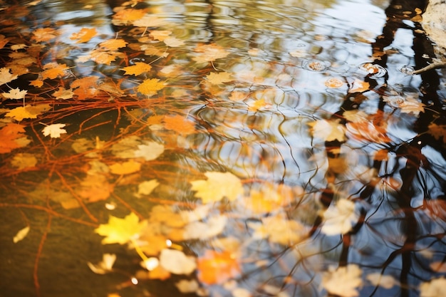 Die plätschernde Oberfläche eines Teiches spiegelt ein Blätterdach aus Herbstlaub wider