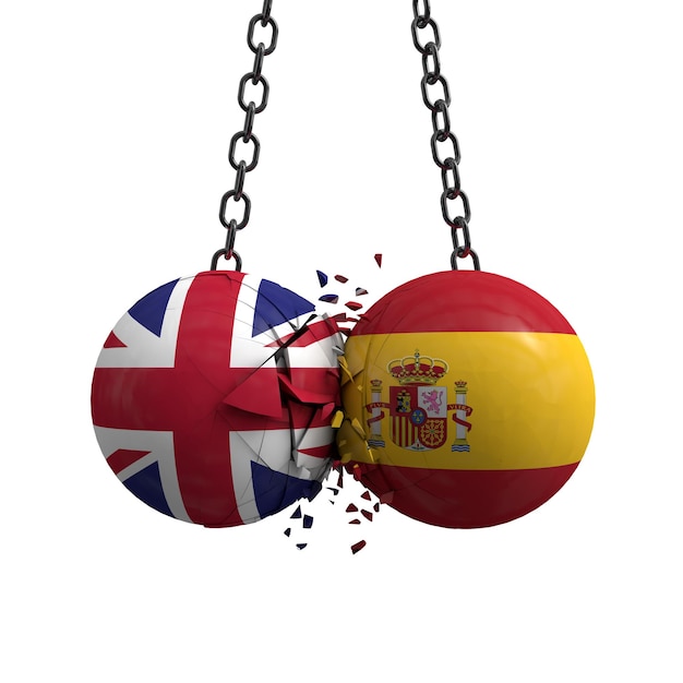 Die politischen Bälle der britischen und spanischen Flagge zerschmettern 3D-Rendering