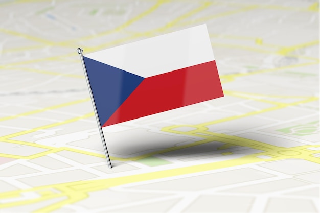 Die Positionsnadel der Nationalflagge der Tschechischen Republik steckt in einer Straßenkarte der Stadt 3D-Rendering