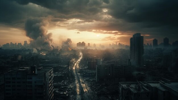 Foto die postapokalyptische stadt brennt generative ki