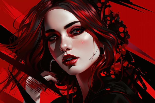 Die professionelle digitale Frau, ein rothaariger Schwarztopf-Schirm, ein Porträt, ein talentierter Dämon, Bluttränen.