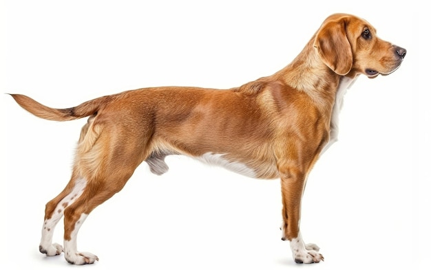 Die Profilposition eines Beagliere-Hunds vor weißem Hintergrund, sein glattes Fell und seine strukturierte Form zeigen den eleganten Körper der Rasse