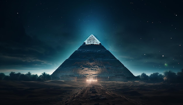 Foto die pyramide leuchtet bei vollmond. ultraweiter luftwinkel. kommerzielle fotografie für tourismuswerbung