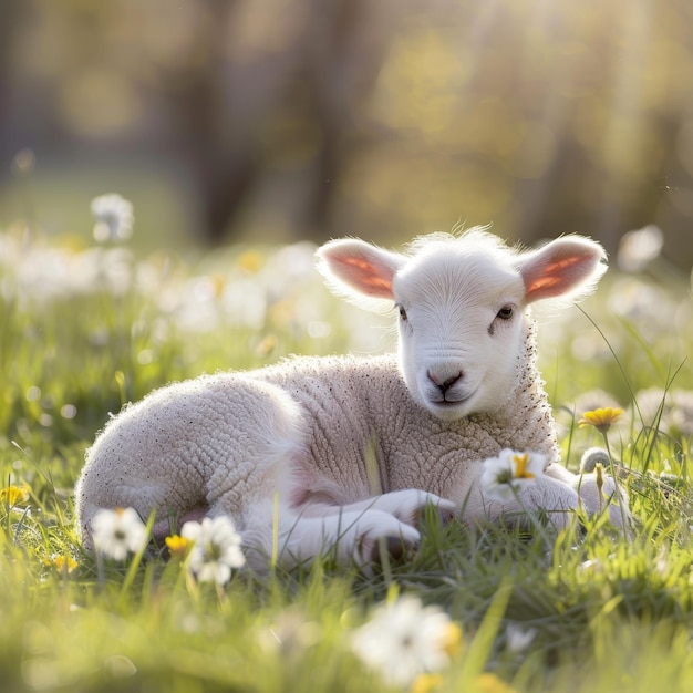 Die Quintessenz des Frühlings Ein junges Lamm findet Trost im lebendigen grünen Gras des Ostermorgens