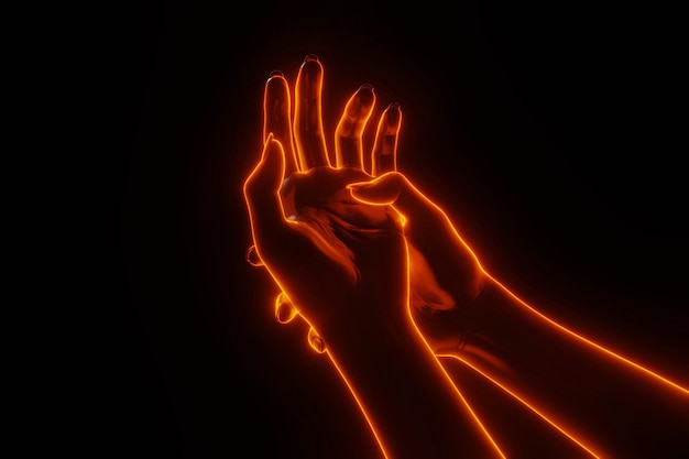 Die rechte Hand, die die linke Hand hält, schließt die glühende 3D-Effektansicht des Feuers