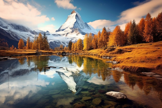 Die Reflexion eines schneebedeckten Gipfels in einem spiegelähnlichen alpinen See