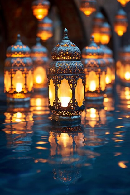 die Reflexionen der Ramadan-Lampen im Wasser