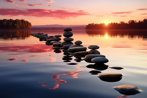 Die Reflexionen des Sonnenuntergangs tanzen auf den Zen-Steinen, die in friedlichen Gewässern eingebettet sind