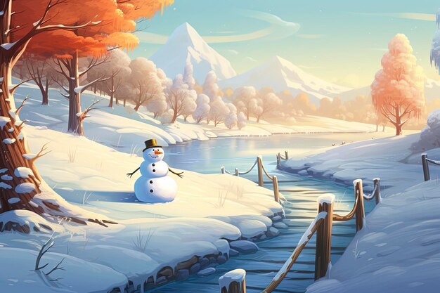 Die Reise eines Schneemanns durch eine Winterlandschaft mit hellem Hintergrund
