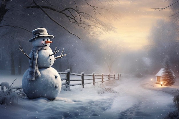 Die Reise eines Schneemanns durch eine Winterlandschaft mit hellem Hintergrund