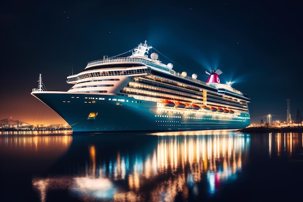 Die riesige Kreuzfahrtlinie ist nachts beleuchtet. Seereisen im Urlaub. Meereslandschaft mit Blick auf ein Kreuzfahrtschiff