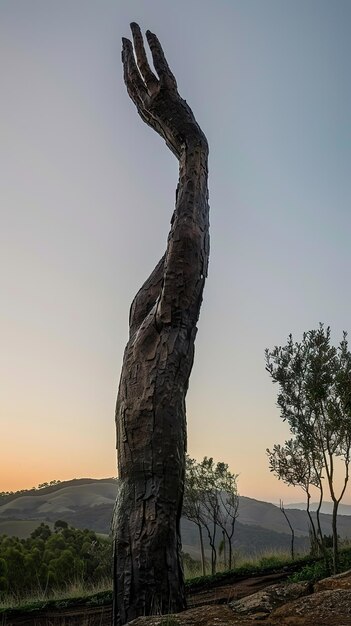 Die riesigen Gliedmaßen der Erweckung strecken sich in der Morgendämmerung aus, ein schweigender Appell an den Himmel, gefangen in Bronze und Erde.