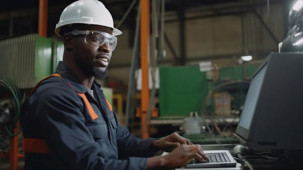 Die Roboterarm-Schweißmaschine einer Industriefabrik wird von einem afroamerikanischen Ingenieur mithilfe einer generativen KI auf einem Laptop gesteuert