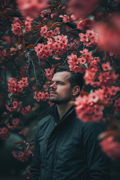 die rosa Blätter und Blumen auf dem Baum neben ihm