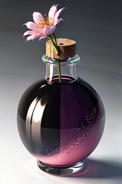 Die rosa-violette Flüssigkeit in der Glasflasche ist durch das Licht kristallklar und wunderschön
