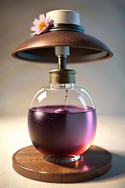 Foto die rosa-violette flüssigkeit in der glasflasche ist durch das licht kristallklar und wunderschön
