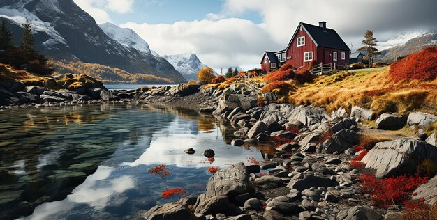 Die rote Hütte liegt am Wasser. Die rote Hütte liegt auf einem Berggipfel und bietet Blick auf das Wasser