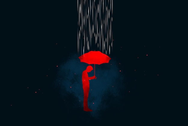 Die rote Silhouette einer menschlichen Figur steht im Regen symbolisiert Probleme Depressionen Pessimismus Einsamkeit Unglückliche traurige Person Modernes Design Magazin Stil 3D Render 3D Illustration