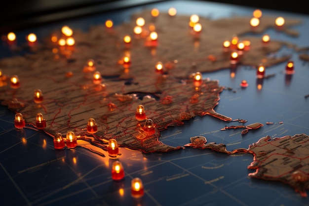 Die rote Stecknadel für die Reiseplanung zeigt auf ein Ziel auf der Weltkarte