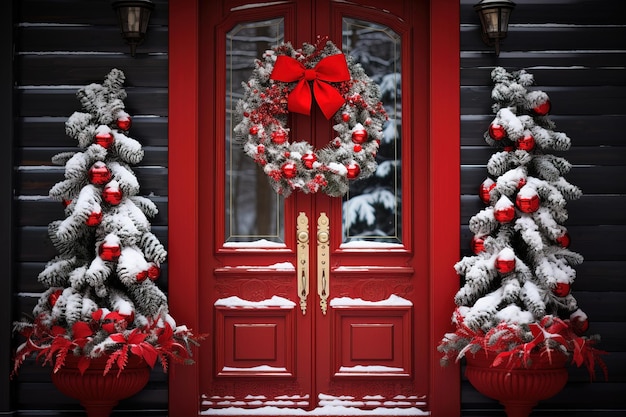 Die rote Tür des Hauses ist mit einem schneebedeckten Weihnachtskranz geschmückt. Schneebedeckte Weihnachtsbäume in der Nähe der Tür