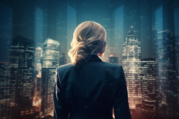 Die Rückansicht einer Geschäftsfrau, die Wolkenkratzer betrachtet, steht für jugendlichen Mut in der Geschäftswelt