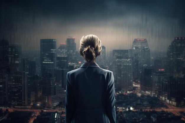 Die Rückansicht einer Geschäftsfrau, die Wolkenkratzer betrachtet, steht für jugendlichen Mut in der Geschäftswelt