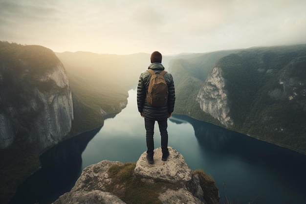 Foto die rückansicht einer person, die auf einer klippe steht und eine malerische aussicht genießt, die ehrfurcht und staunen symbolisiert