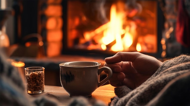 Foto die ruhe einer tasse tee ein gemütlicher kamin