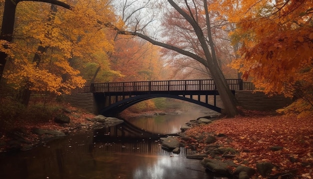 Die ruhige Fußgängerbrücke im Herbst spiegelt das von KI generierte, farbenfrohe Laub im ländlichen Wald wider