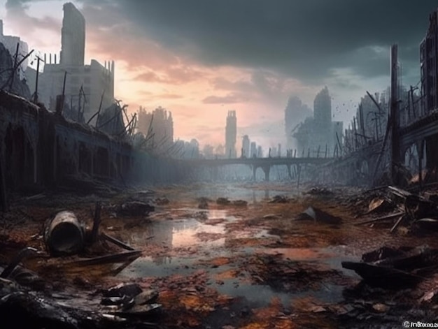 Die Ruinen der zerstörten Stadt 3D-Rendering Digitale Computerzeichnung