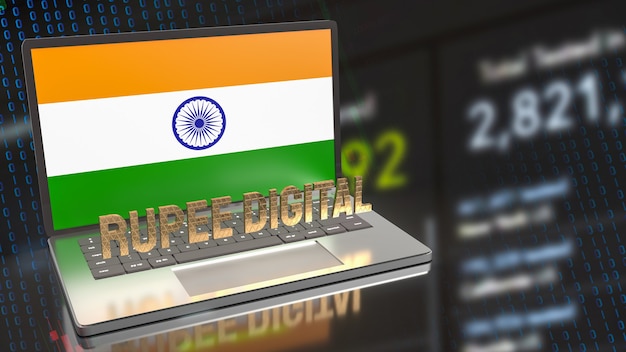 Die Rupie-Digital- und Indien-Flagge auf dem Notebook für Technologie- und Geschäftskonzept 3D-Rendering