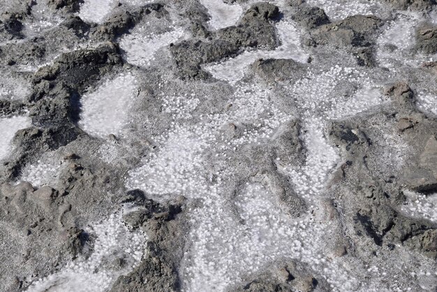 Die Salzkruste auf dem Grund des Heilschlamm-Trockensees Die Oberfläche des Salzsees